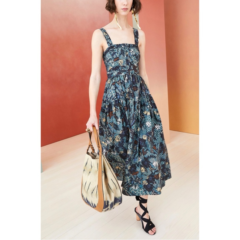 Ulla Johnson Midi Blue Cotton Isabela Button-Front Floral Dress